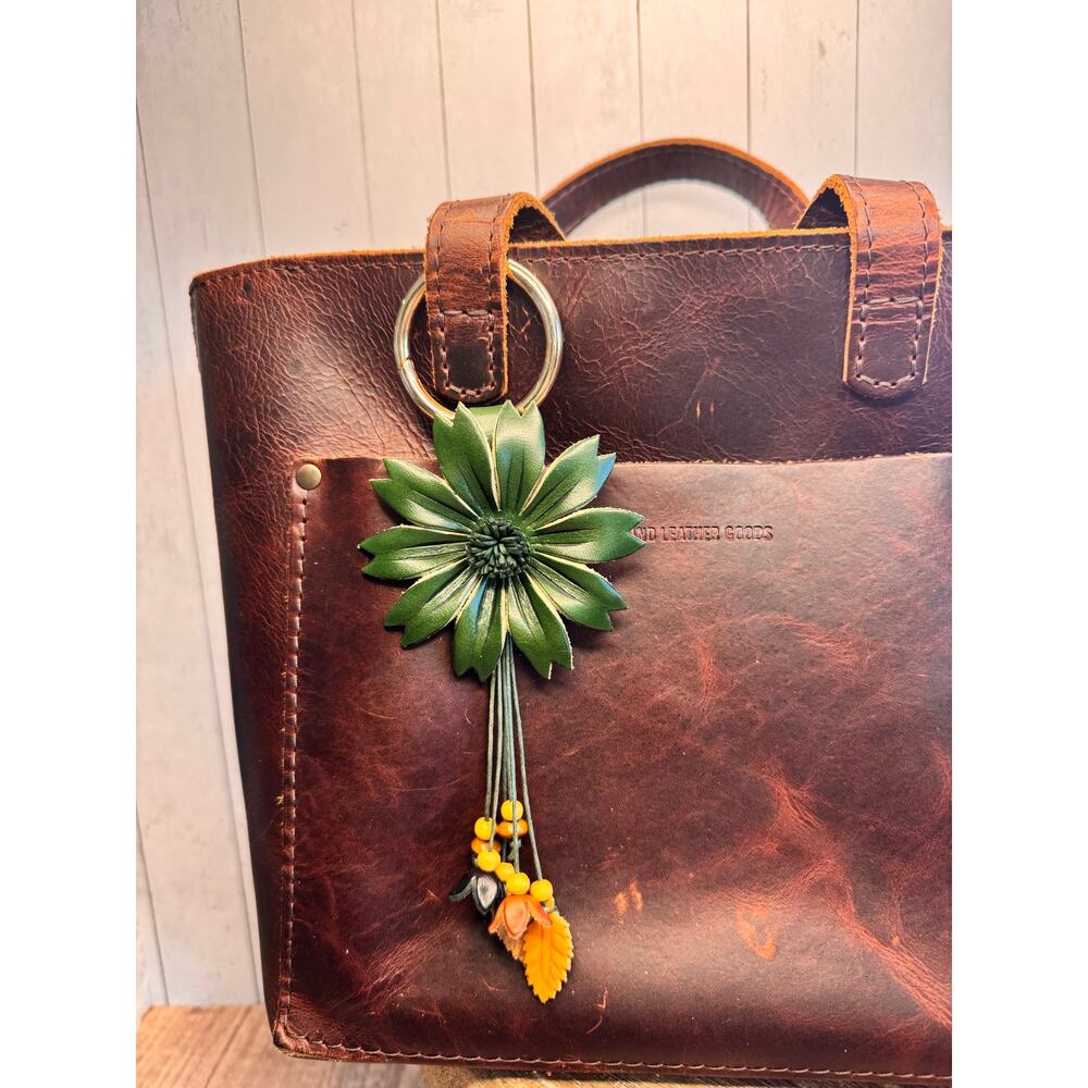 Green Dahlia Purse Charm Genuine Leather Flower Green Bag Charm NEW FAST SHIP